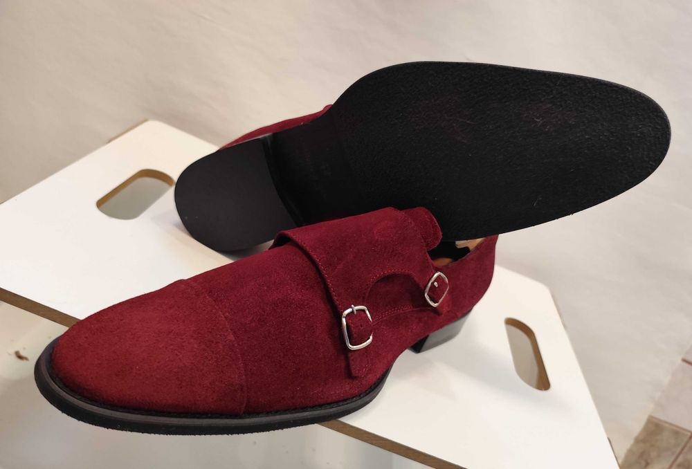 Pantofi double monk 42 42.5 de lux Lavoratione Artigianale NOI piele naturala suede rosu burgundy