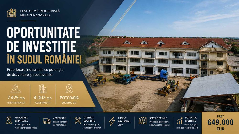 INVESTIȚIE | 4.002 mp construiți + 7.425 mp teren | Platformă industrială cu potențial logistic, medical și rezidențial | Potcoava | Olt