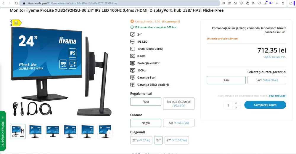 Monitor IIyama ProLite 23.8 inch FHD IPS  100 Hz