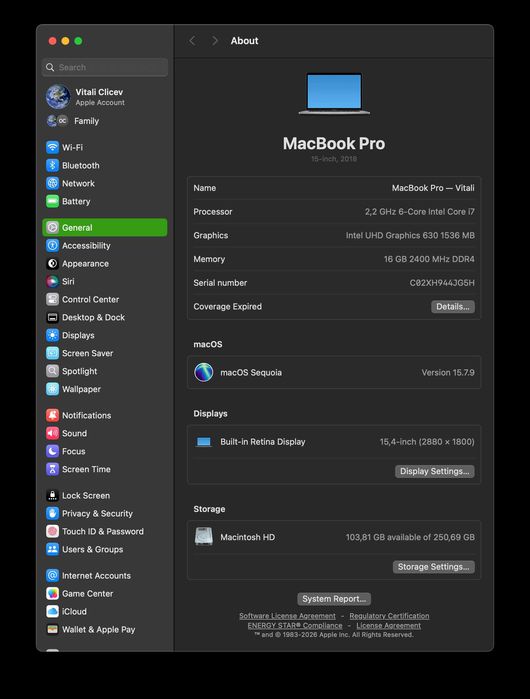 MacBook Pro 15″ (2018) — Intel Core i7, 16 GB RAM, 256 GB SSD