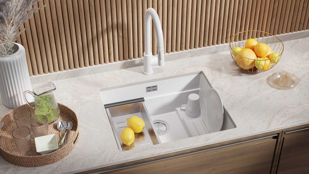 Бял гранитна мивка за вграждане под плот Прага 60 Level 560 x 470 мм