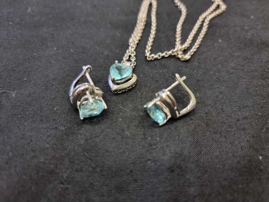 Сребърни бижута, комплект синджир, висулка и обеци,