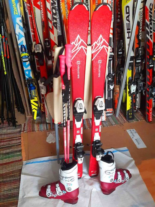 Schiuri copii set echipament schi Salomon 120 cm cu clapari si bete buyback