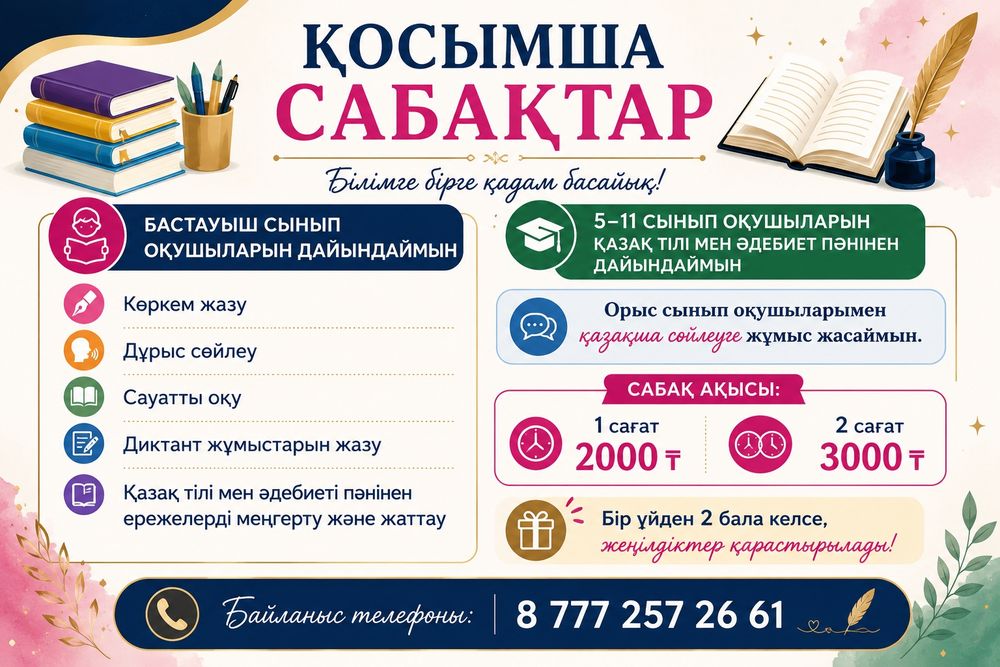 Қазақ тілінен, бастауыш сынып оқушыларына қосымша сабақтар