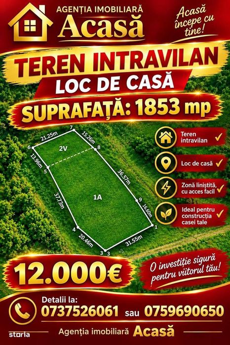 De vanzare teren intravilan 1853mp, deschidere 31,55mp in Secuieni