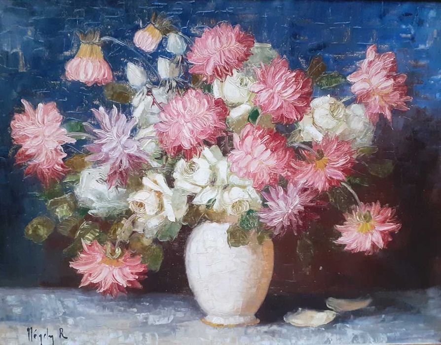 Tablou vechi - vas cu flori - semnat Negely R