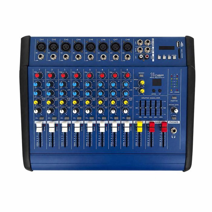 Mixer audio 2 X 500W 8 canale PMX802D cu amplificator USB Bluetooth 16 efecte DSP Egalizator