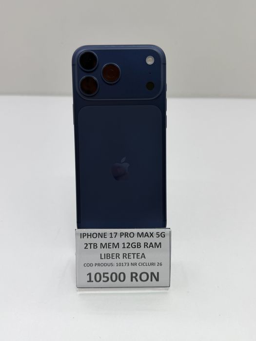 iPhone 17 Pro Max 2TB 5G Deep Blue, 26 cicluri, ca nou