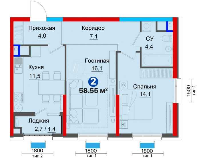Дом сдан • СКИДКА 24% • 2 комн.-58,55кв.м. Ипотека от 30%  (S)