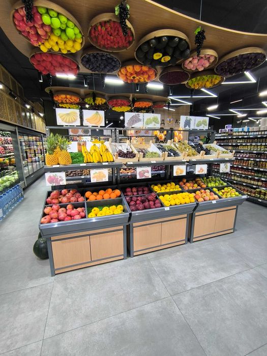 Супермаркет учун стеллаж, горка, витрина, холодильник, касса