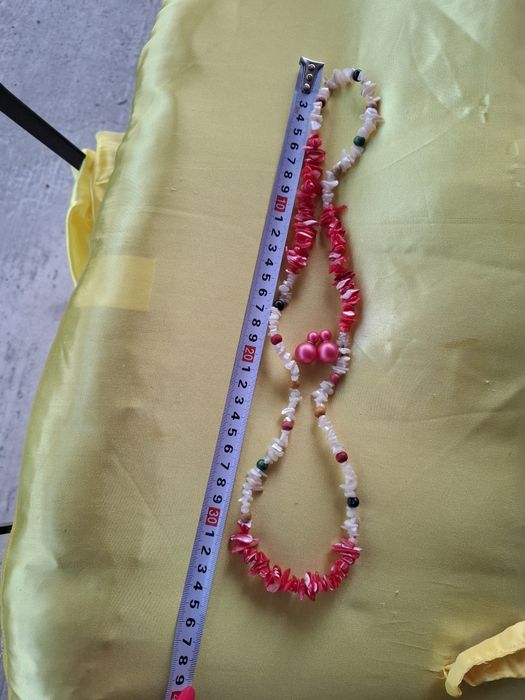 Set colier sidef rosu și alb 34 cm la dublu și cercei perle rosii