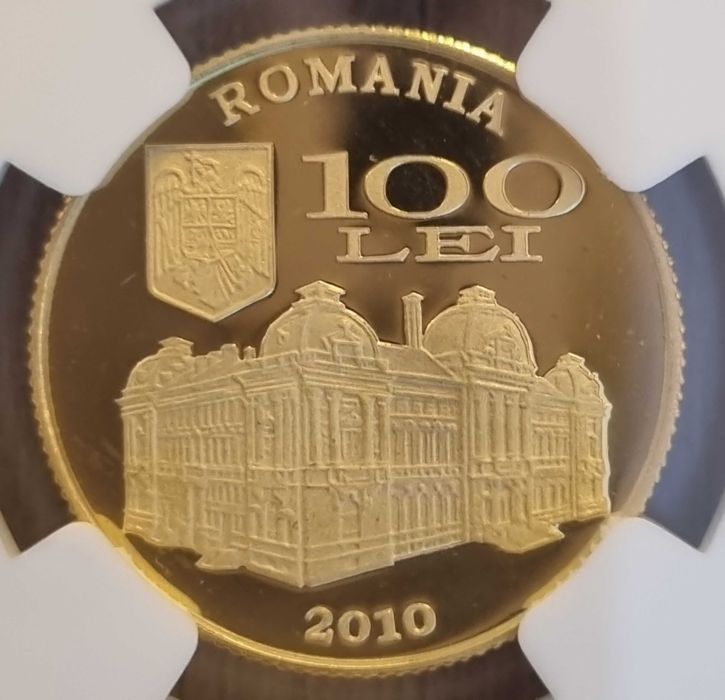 Moneda aur BNR 100 Lei, Eugeniu Carada, gradata NGC PF 68 UC