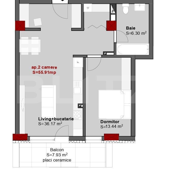 Apartament 2 camere, 55.91 mp, zona Central - Scala Center