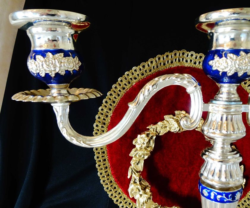 Посребрен троен свещник,рози,кобалт,рококо.