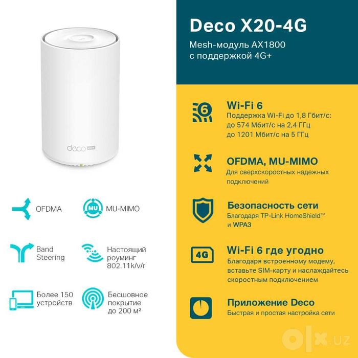 TP-Link Deco X20-4G (1-pack) / AX1800 Mesh Wi-Fi 6 System Router+--