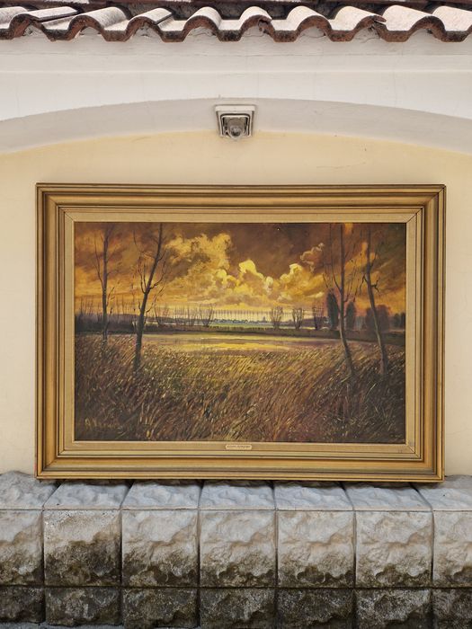 Огромна антикварна авторска картина масло върху платно