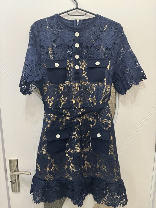 Дамска дантелена тъмно синя рокля
