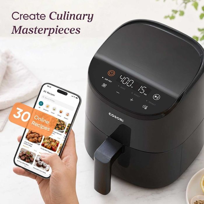Малък фритюрник Cosori Lite 2.1 Qt, макс. 400°F, 4 в 1, 97% по-малко олио, сив | Идеален за общежития, апартаменти, кемпери, тих,