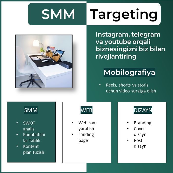 Digital Marketing (SMM, Targeting, Dizayn) xizmatlari