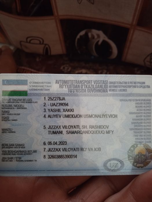 Uvaz 2006 yil dublkabina xujjatlari joyida