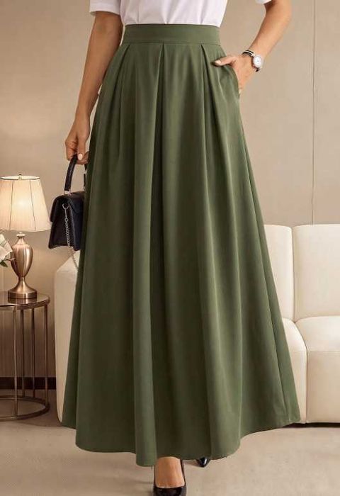 Fustă lungă verde kaki (army green), talie înaltă, A-line, mărime L - NOUĂ