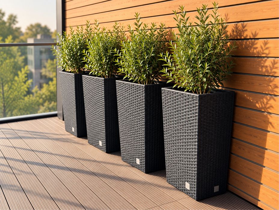Set 4 ghivece înalte de exterior – aspect ratan, antracit