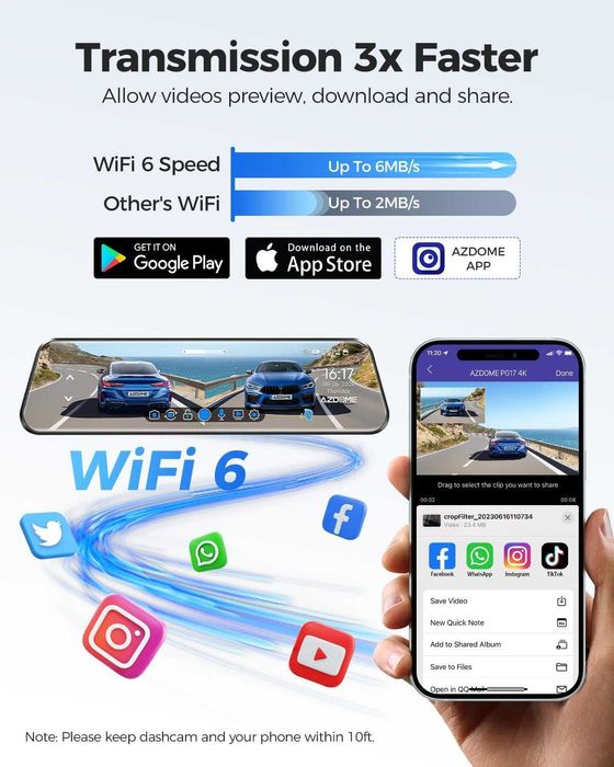 4K Видеорегистратор-Огледало AZDOME PG17 (12" Екран) GPS & 64GB Карта