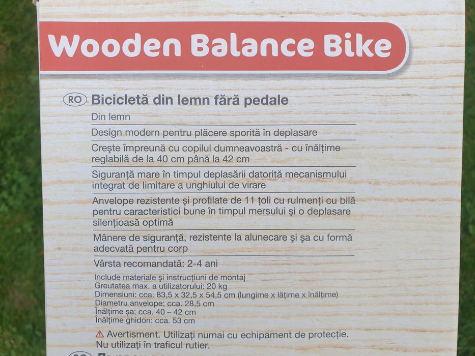 Bicicleta fara pedale din lemn, 2-4 ani