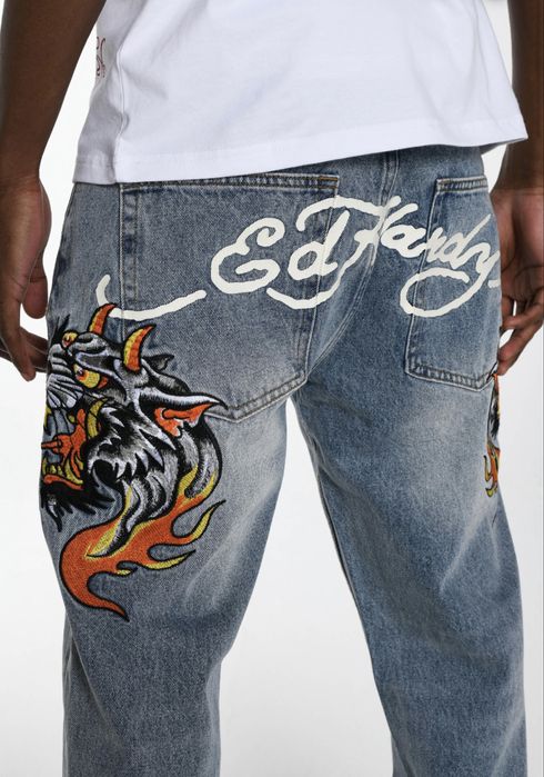 Ed Hardy men’s hell-cats tattoo graphic denim trousers jeans - bleach