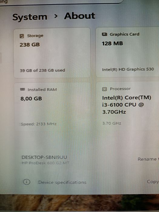 HP ProDesk 600 G2 MT – i3-6100/ 8GB DDR4 / 256 SSD / Windows 11