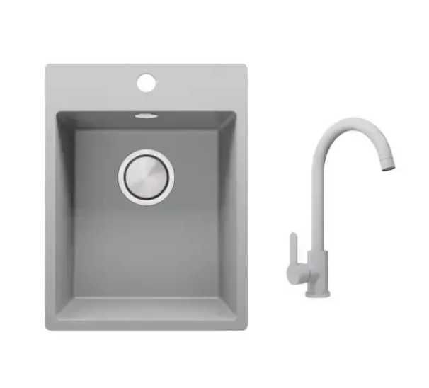 Гранитна мивка за кухня Рига + Смесител 5000 Бял -29% ПРОМО КОМПЛЕКТ