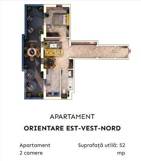 Apartament 2 camere semidecomandate, 52 mp, 9.30mp balcon, parcare sub