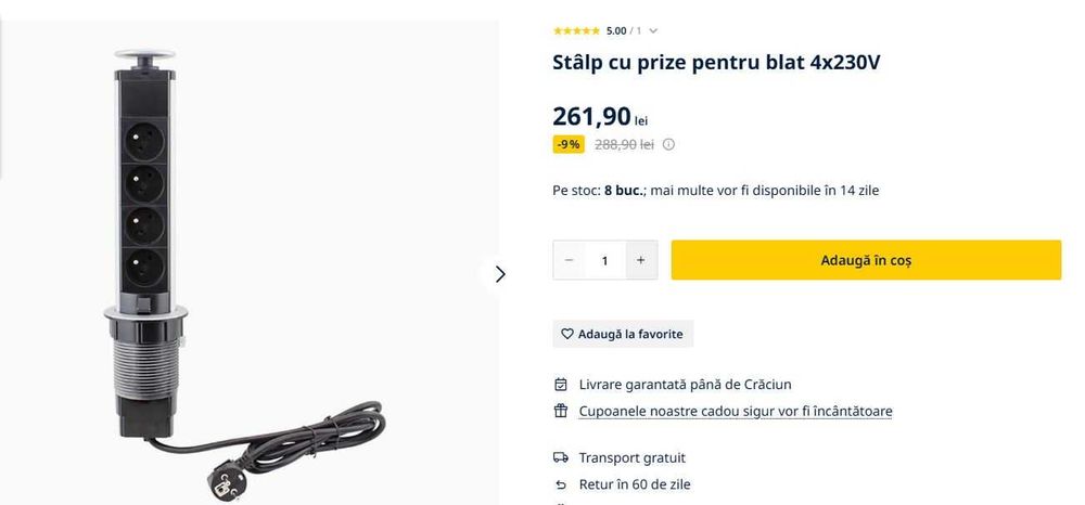 Stâlp aluminiu cu prize incastrat pentru blat 4xSchuko 230V 3500W