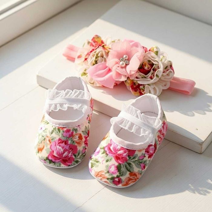 Нови бебешки буйки обувки + лента за коса 6-12м.