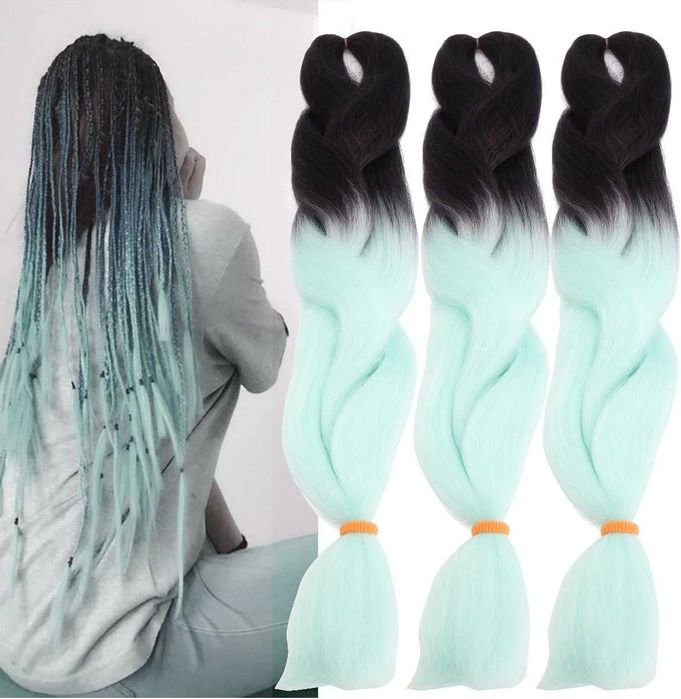 Три броя канекалон за плитки цвят омбре черно с мента Джъмбо плитка