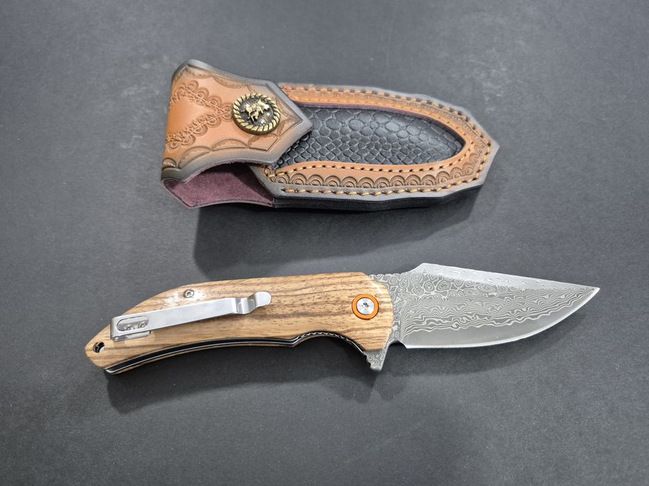 Сгъваем нож дамаска стомана с кожена кания,SD16