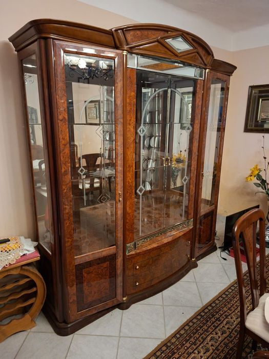 Mobilă living/sufragerie completă – lemn masiv + vitrină + bufet + masă + 6 scaune