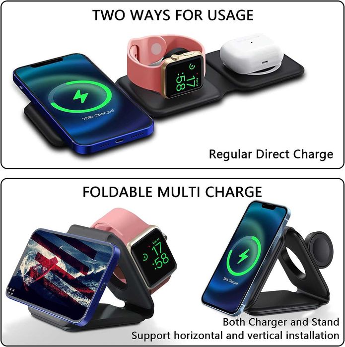 Магнитна сгъваема безжична зарядна станция за iPhone 3 в 1