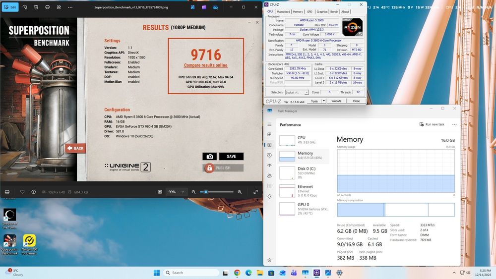 R5 3600 16 gb DDR4 gtx 980