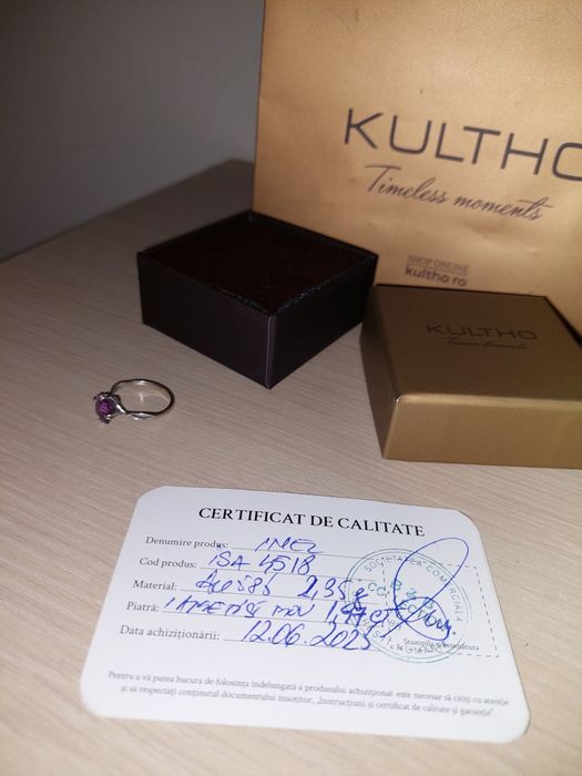 Inel Kultho aur alb 14K 585 cu ametist, certificat si cutie