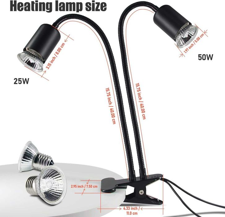 Нагревателна лампа за влечуги 2 UVA/UVB крушки (25W + 50W) с таймер
