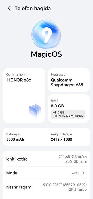Honor x8c kafolati bilan