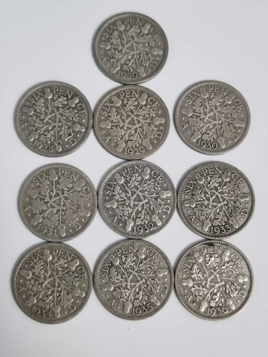 Lot 10 monede Anglia Marea Britanie 10 x 6 pence 1928-1936 argint