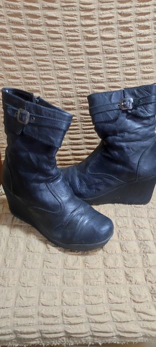 Дамски боти, платформа, черна естествена кожа, стелка 25,5 см, изгодно