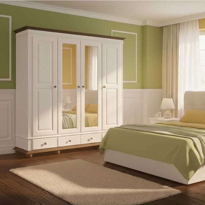 Sifonier din lemn masiv cu oglinda Seby, 4 usi + 3 sertare, alb+nuc