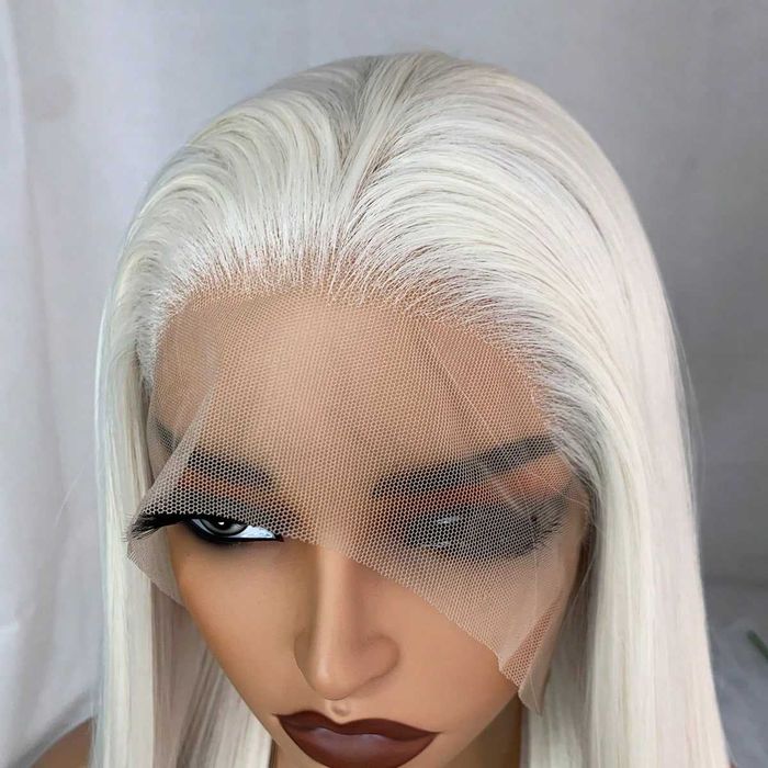 Платинено руса Lace Front перука - дълга права коса 80 см, термоустойчива, дантела 13×4