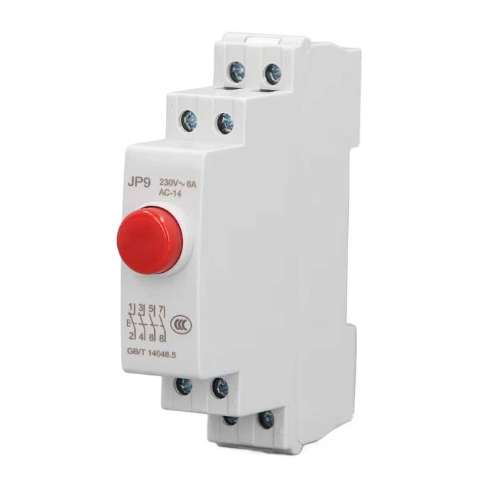 Buton pulsator pe sina DIN, control 2NO 2NC, iluminat, rosu, 230V, compact