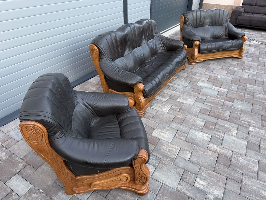 Set canapea canapele 3 - 2 - 1 - 1 Lemn Masiv + PIELE Naturala Rustic