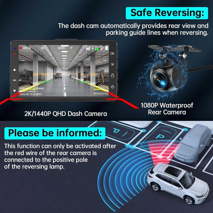 Dash Cam отпред и отзад, 2K, WiFi/БЕЗПЛАТНО ПРИЛОЖЕНИЕ, отпред 170°