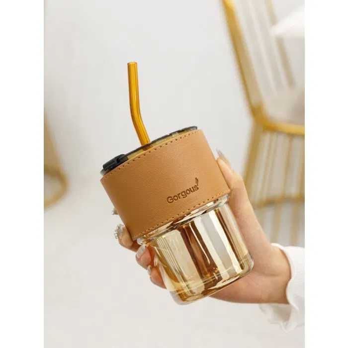 Термо чаша стъклеба с капак и сламка